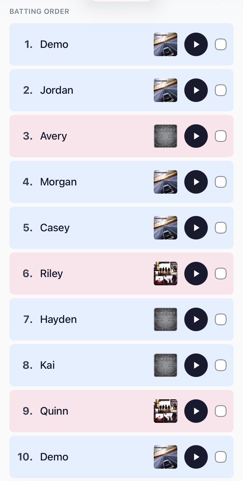 Generated batting order with walk-up song play buttons