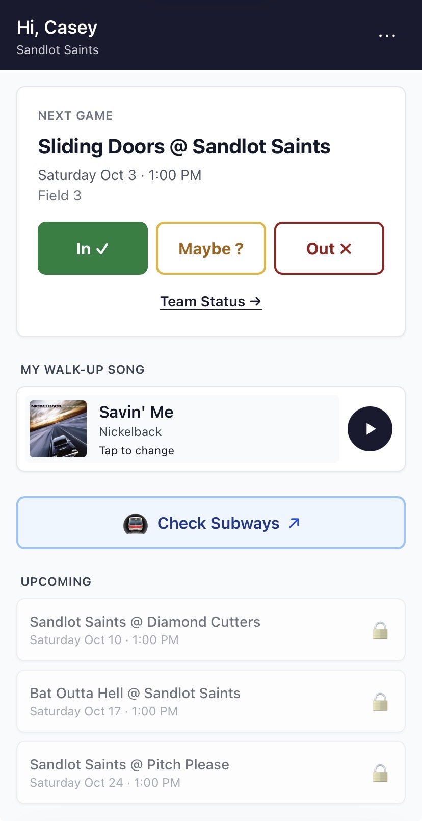 Player bookmark page with RSVP buttons and walk-up song picker