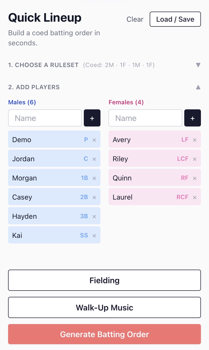 Quick Lineup roster screen on a phone